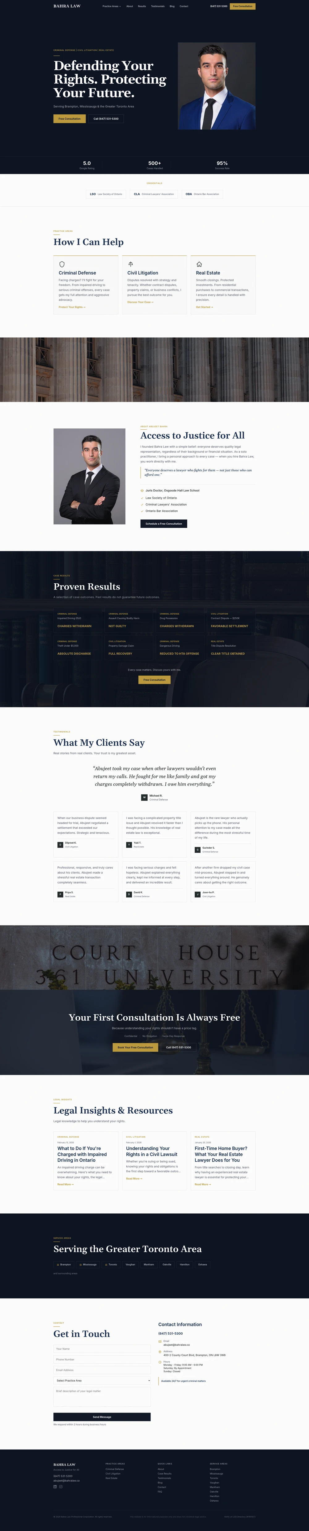 Full-page screenshot of the Bahra Law website showing hero, services, case results, testimonials, and contact sections